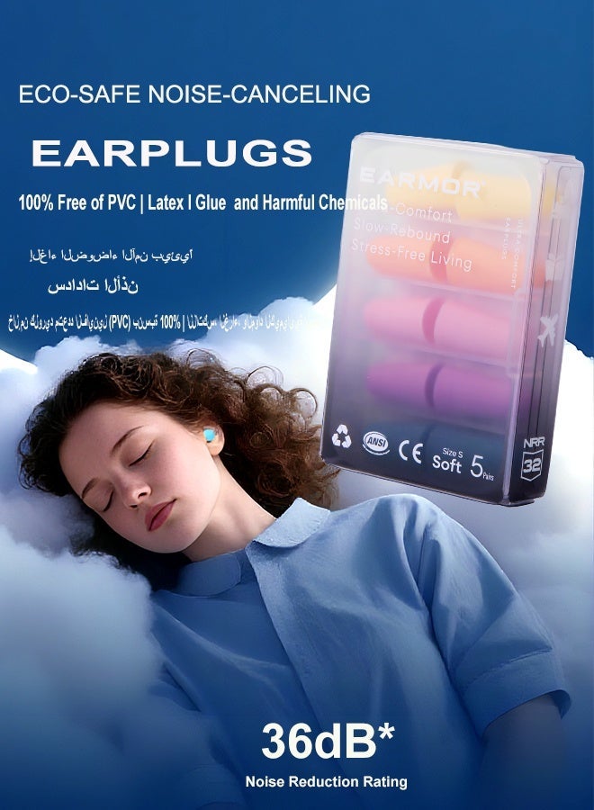 EARMOR E01 Mixed Colors Sleep Earplugs for Sleeping, 5 Pairs, SNR 36 dB, 60s Slow Rebound Memory Foam, Comfortable Ear Protection, Latex and PVC Free, Portable Case for Peaceful Sleep, S M Two Sizes to Choose - Image 2